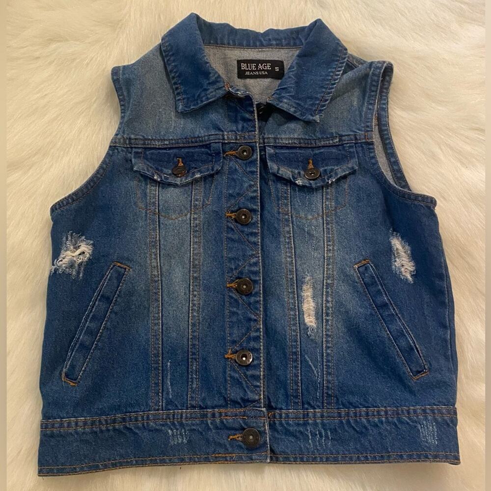Blue Age Jeans USA Women's Sleeveless Distressed Denim Vest Jacket Size Small